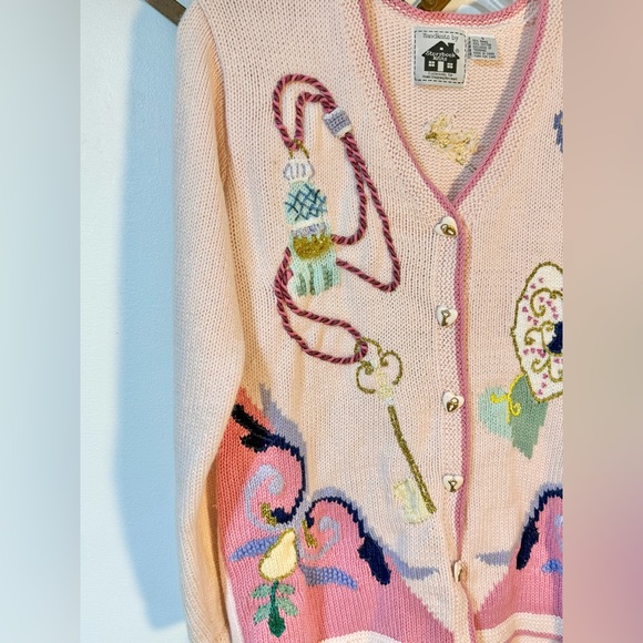 Storybook Knits Key To Love V Neck Cardigan Sweaters small Embroidered Pink - Picture 6 of 9